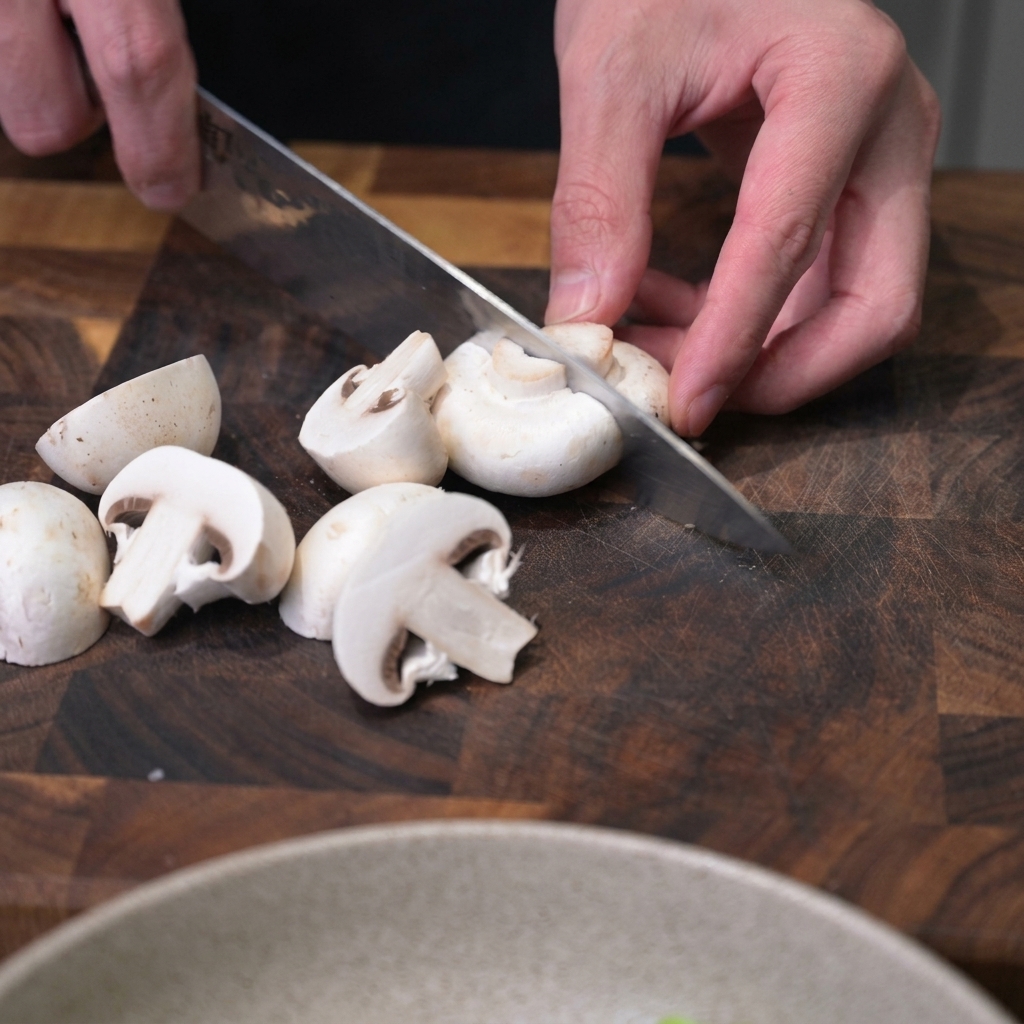 A close-up view of a chef slicing fresh white button mushrooms into thick pieces with a chefs knife on a dark wooden cutting board.