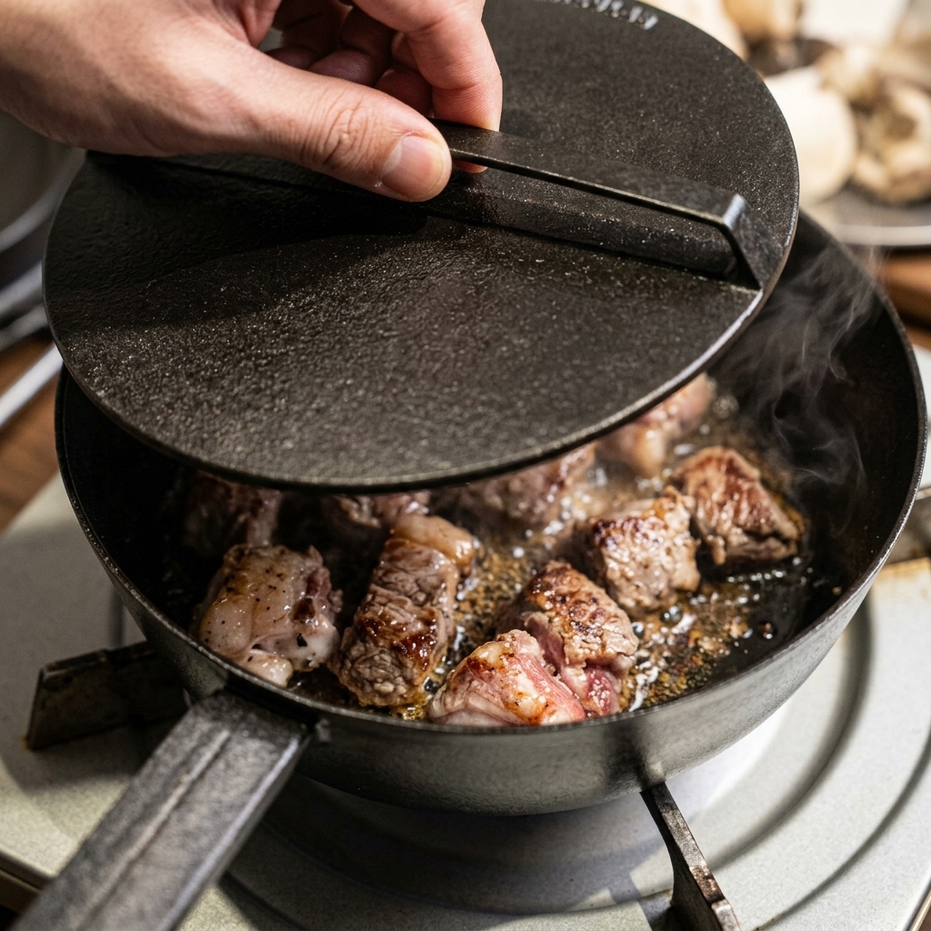 A hand using a heavy cast iron grill press to weigh down pieces of meat searing in a pan, with steam rising from the hot surface.