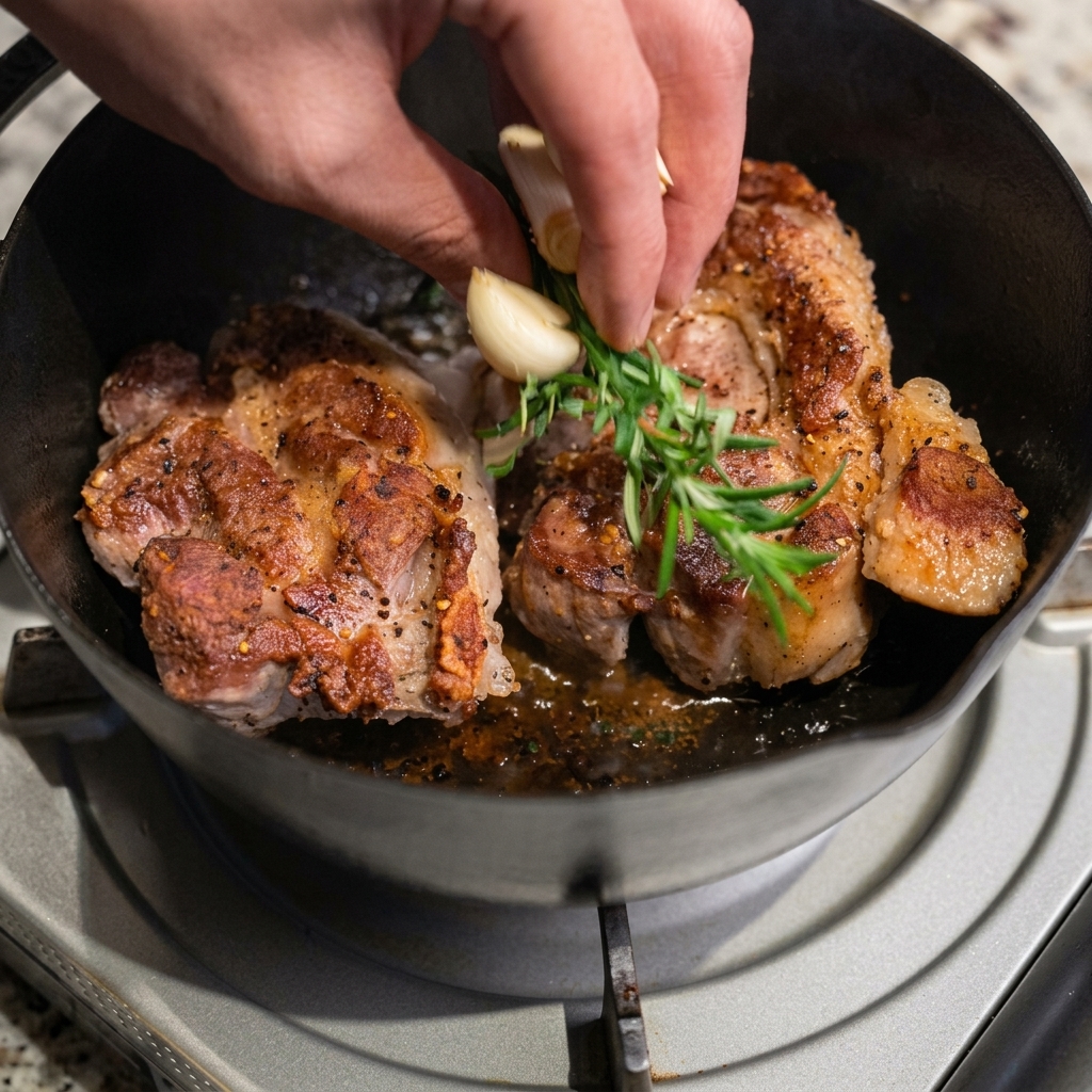 A hand placing fresh rosemary sprigs and garlic cloves into a hot black pan next to seared pork chops.