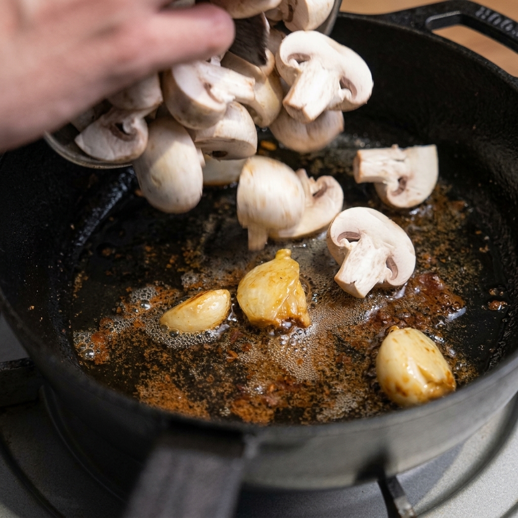 Freshly sliced white mushrooms being poured from a bowl into a hot cast iron skillet containing garlic cloves and savory pan drippings.