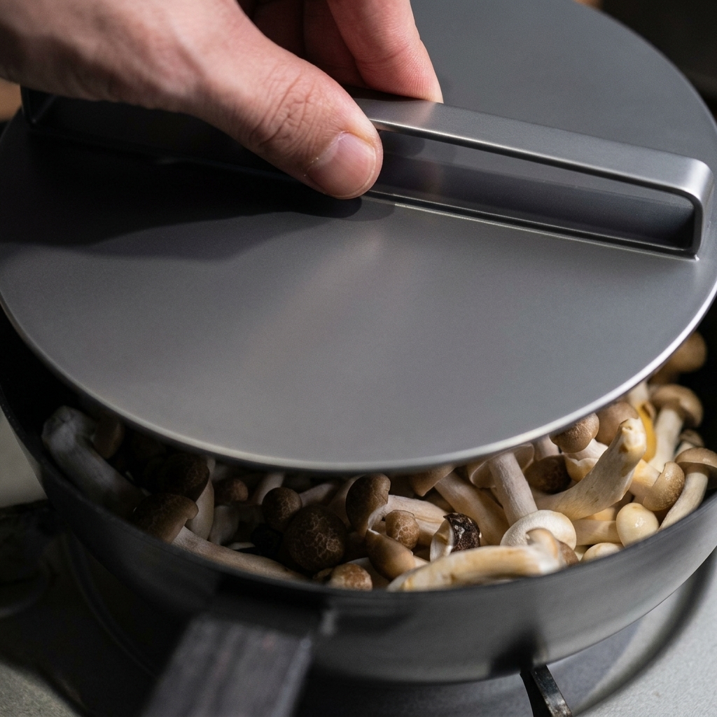 A hand holding the handle of a round grey metal weight tool to press down on a pan full of mixed mushrooms.