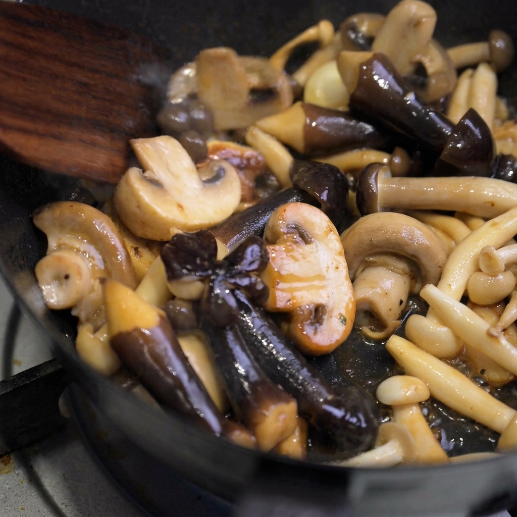 A wooden spatula stir-frying glossy, browned mushrooms in a hot pan as deglazing liquid simmers at the bottom.