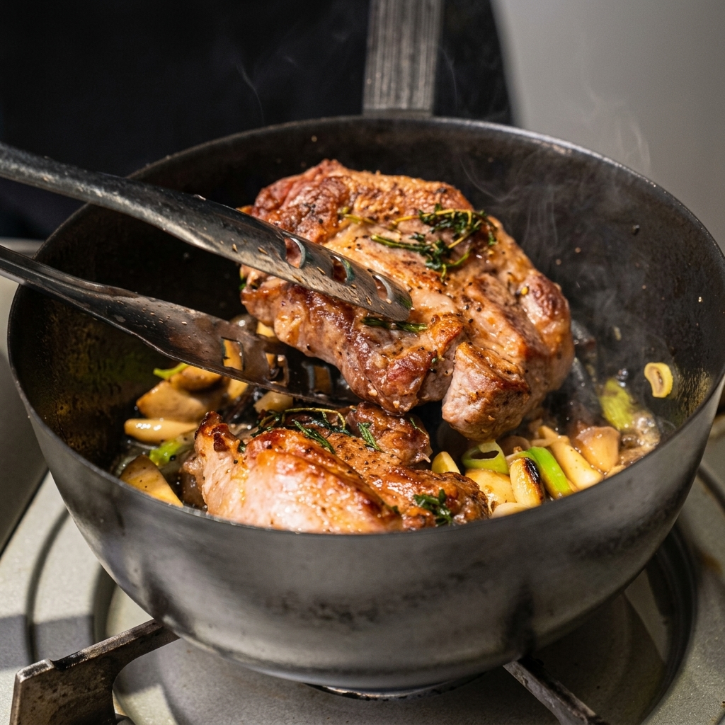A close-up shot of tongs transferring a seared pork chop back into a black pan filled with cooked mushrooms and leeks.
