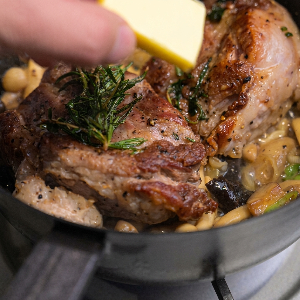 A block of yellow butter being placed onto seared pork chops garnished with fresh rosemary in a pan.