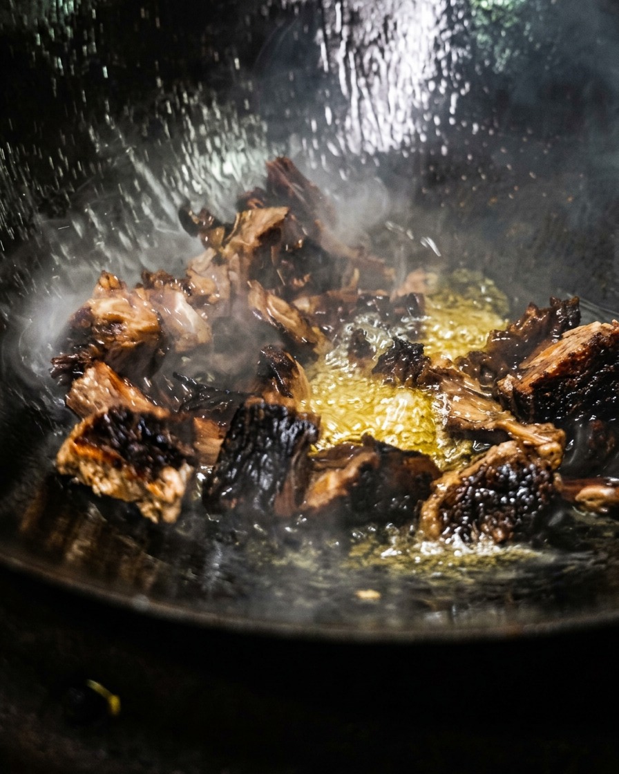 Chunky pieces of cured ribs sizzling and stir-frying in an oiled wok mixed with aromatic fermented black beans and rising steam.