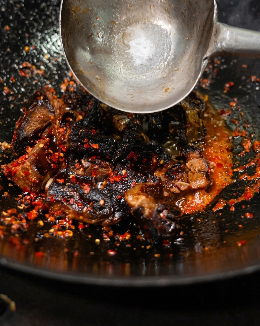 A small amount of white crystalline MSG seasoning held in a metal ladle over spiced cured ribs in a wok.