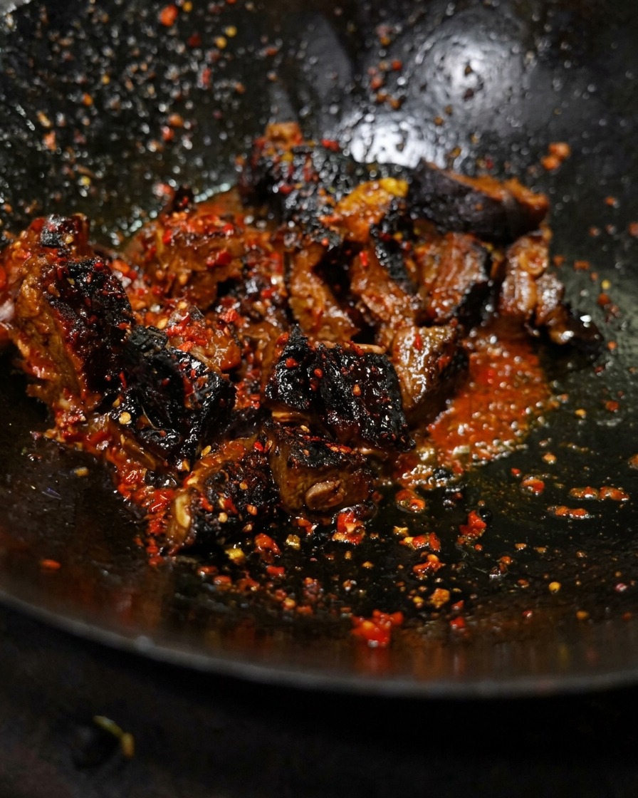 Cured ribs cooking in a wok coated with red chili flakes and a dark savory sauce.