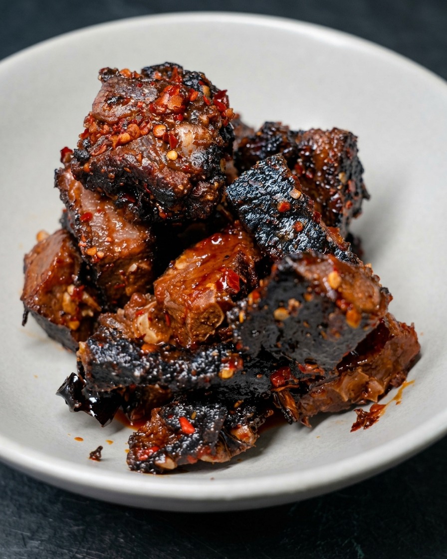 Spicy seasoned cured ribs neatly arranged in a white ceramic bowl, ready for steaming.