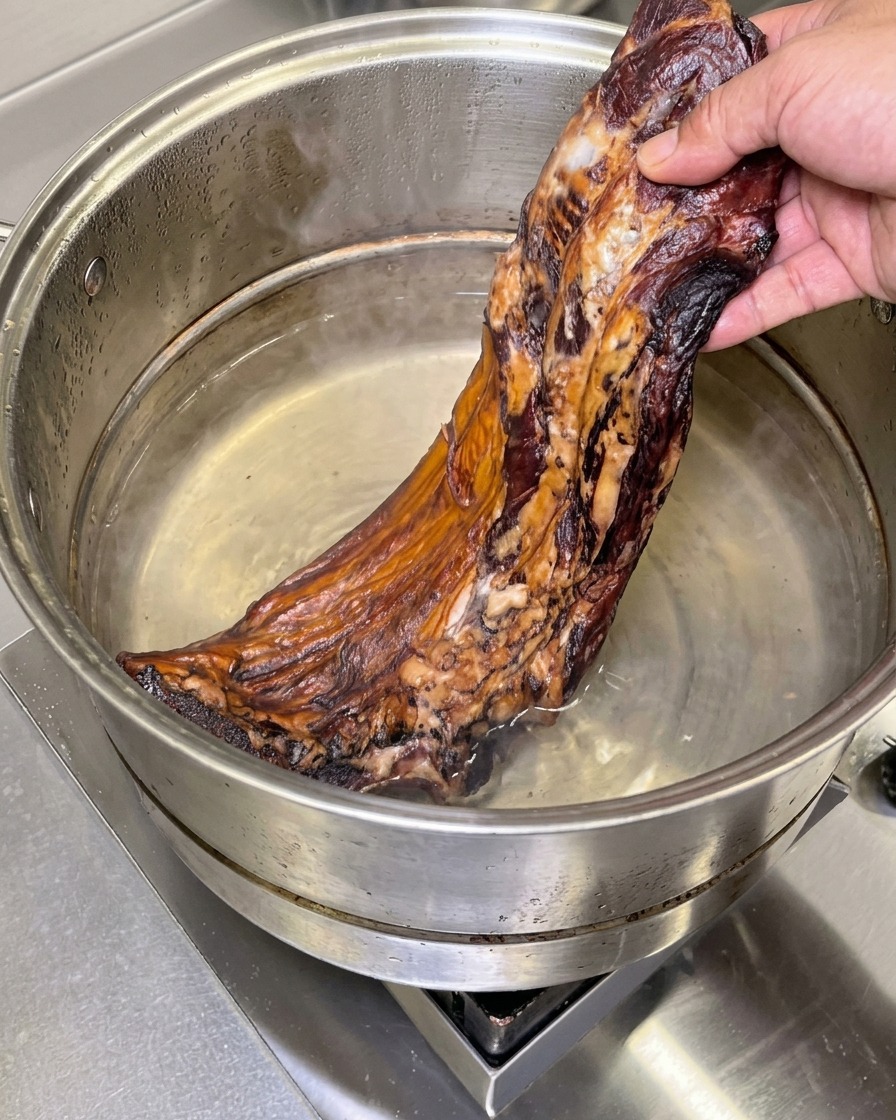 A hand lowering a whole slab of dark, smoked cured pork ribs into a large stainless steel pot filled with cold water.