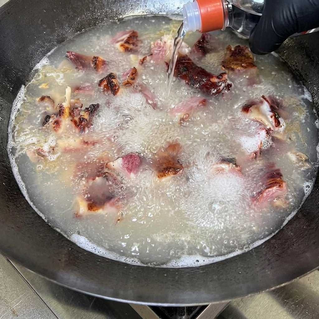 Chopped cured pork rib pieces boiling in a wok of water as clear high-proof liquor is poured into the bubbling mixture from a bottle.