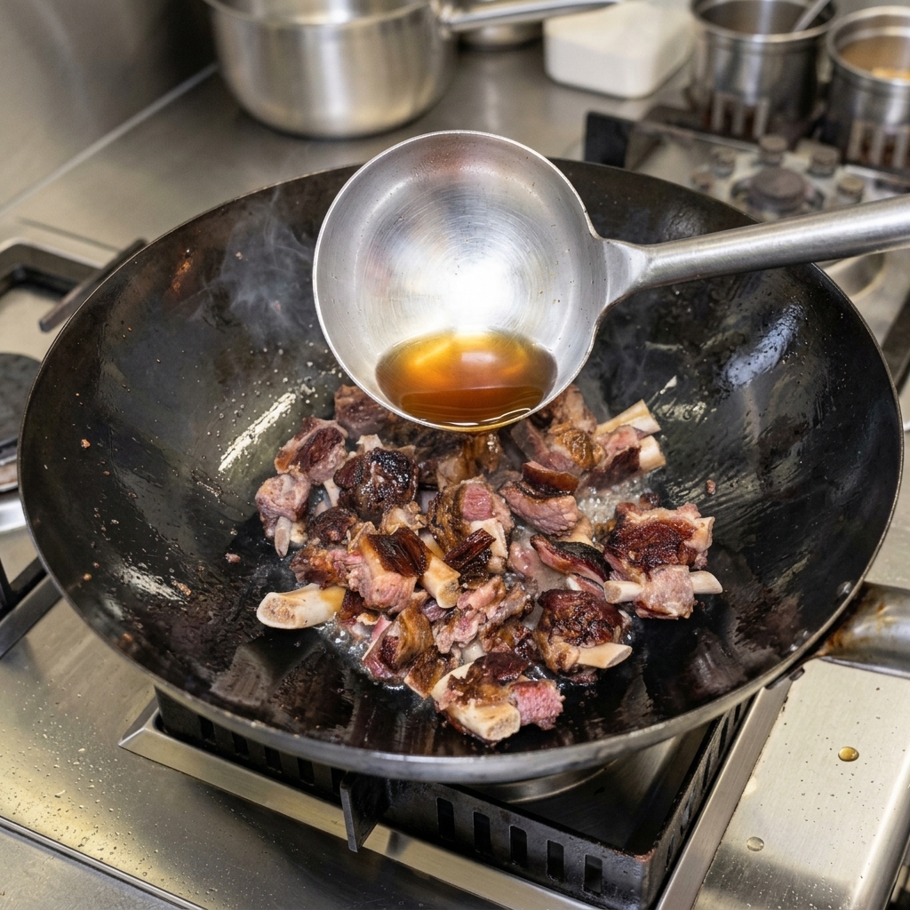 A metal ladle pouring dark soy sauce over stir-fried cured pork rib pieces inside a wok to add depth of color and savory richness.