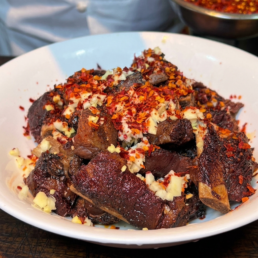 Stir-fried pork ribs piled in a white bowl and topped with a layer of finely minced garlic, ginger, and red chili powder.
