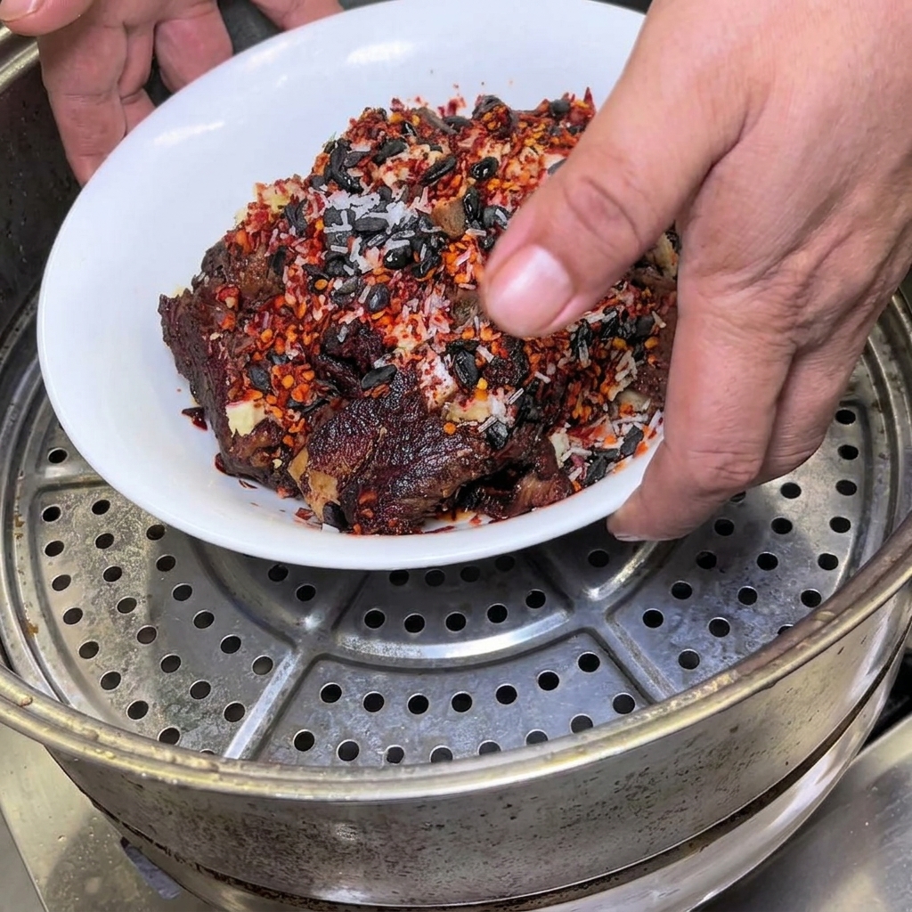 A person placing a white bowl of seasoned pork ribs topped with black beans into a round metal steamer pot.
