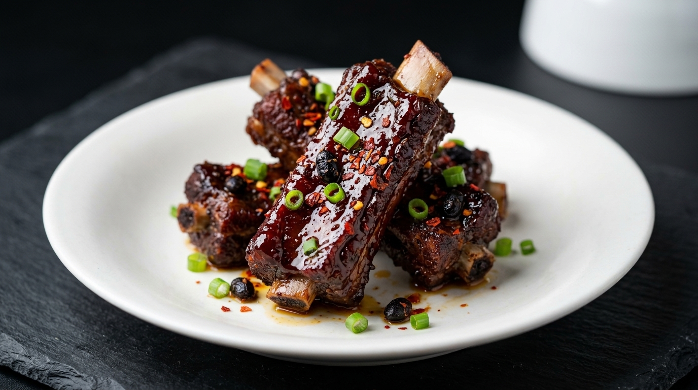 A plate of succulent Hunan steamed cured pork ribs coated in a rich glaze with fermented black beans, red chili flakes, and fresh scallions.