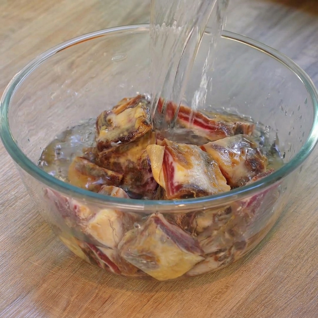 Clean water being poured from above into a transparent glass bowl filled with chopped blocks of cured pork ribs.