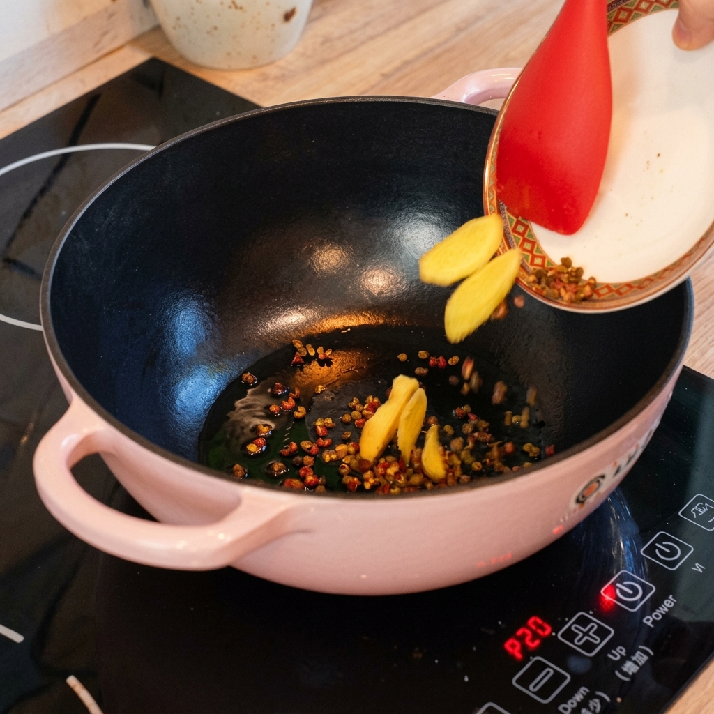 Slices of fresh ginger being added with a red spatula from a plate into a pink pot containing hot oil and Sichuan peppercorns.