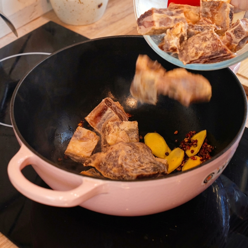 Pieces of cured pork ribs being poured from a glass bowl into a pink cooking pot to stir-fry with ginger and peppercorns.
