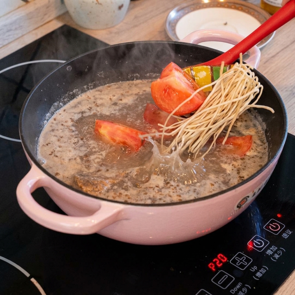 Fresh tomato wedges and a bundle of long Chinese chive roots being added into a boiling pot of cured pork ribs soup.