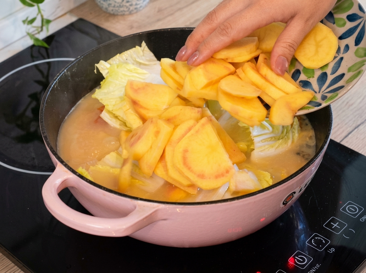 A hand sliding sliced potatoes from a decorated plate into a pink hot pot filled with white broth and Napa cabbage.