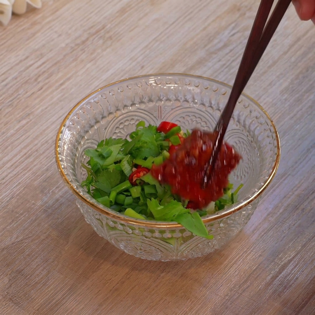 Chopsticks placing a piece of red fermented bean curd into a glass bowl filled with chopped cilantro, scallions, and red chilies.