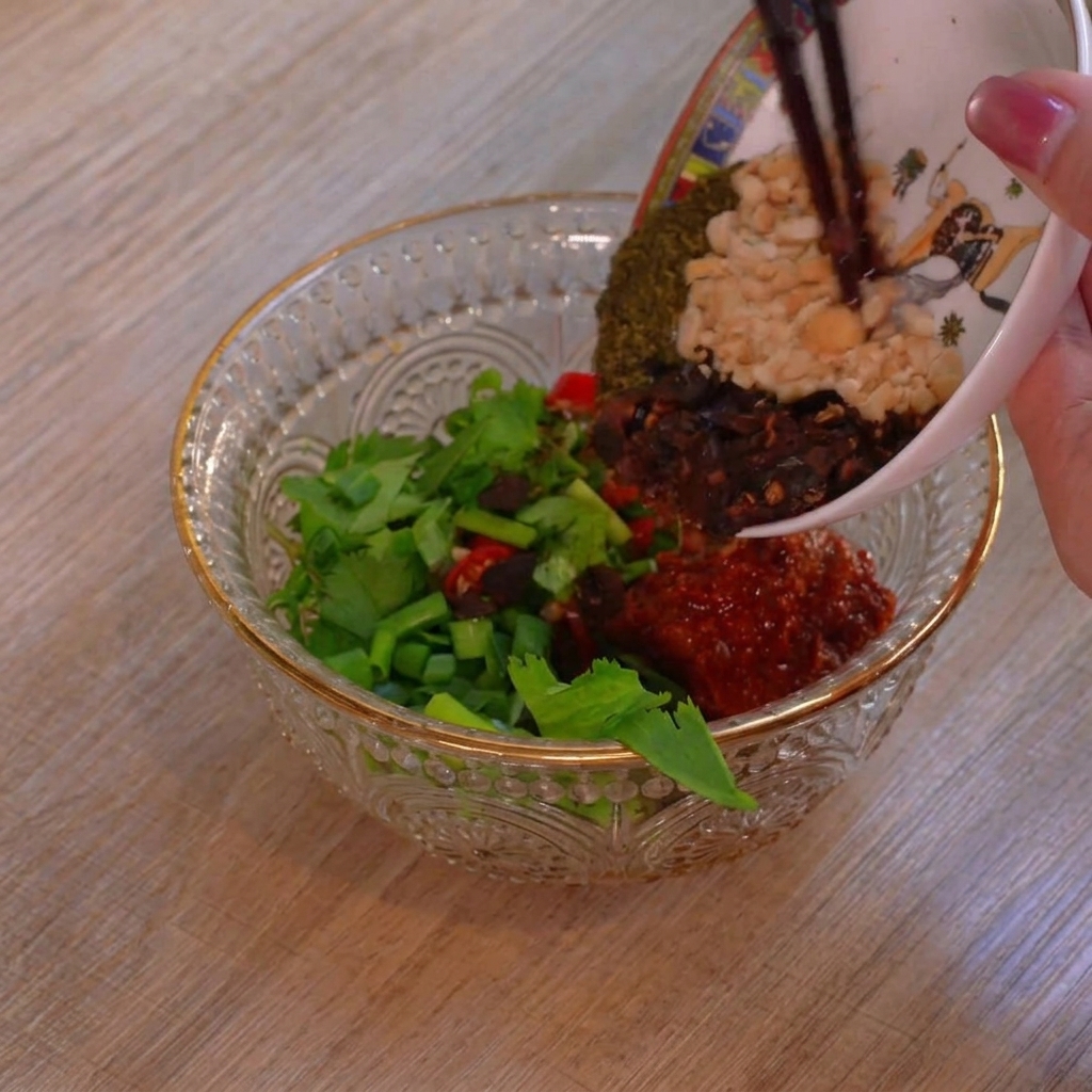 Pouring crushed peanuts, roasted chili flakes, and dried herbs from a small ceramic bowl into a glass bowl containing the sauce base.