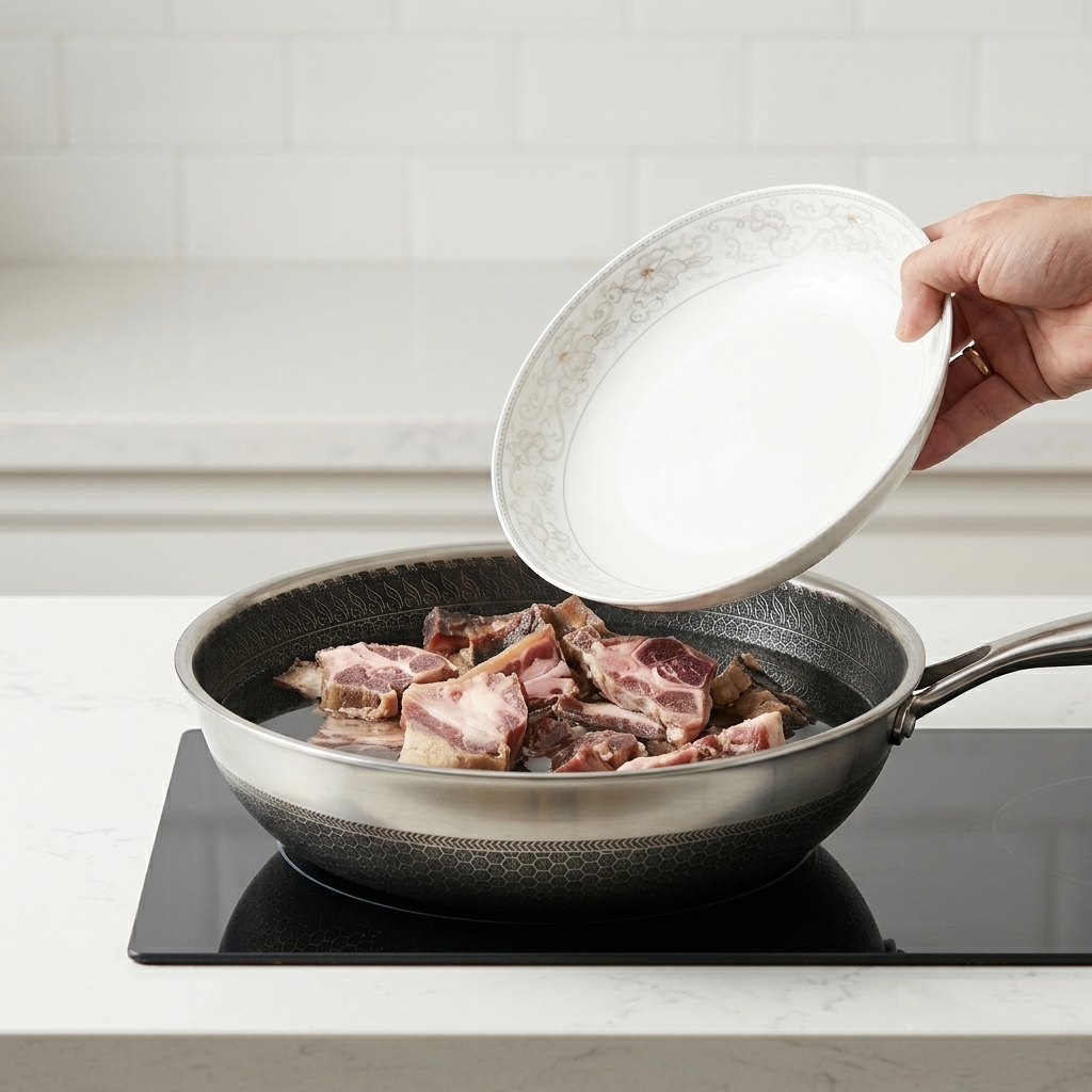 A hand pouring chopped cured pork ribs from a white plate into a stainless steel wok filled with cold water.