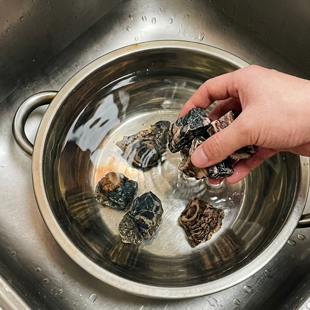 A hand placing chunks of cured pork ribs into a stainless steel bowl filled with water in a metal sink.