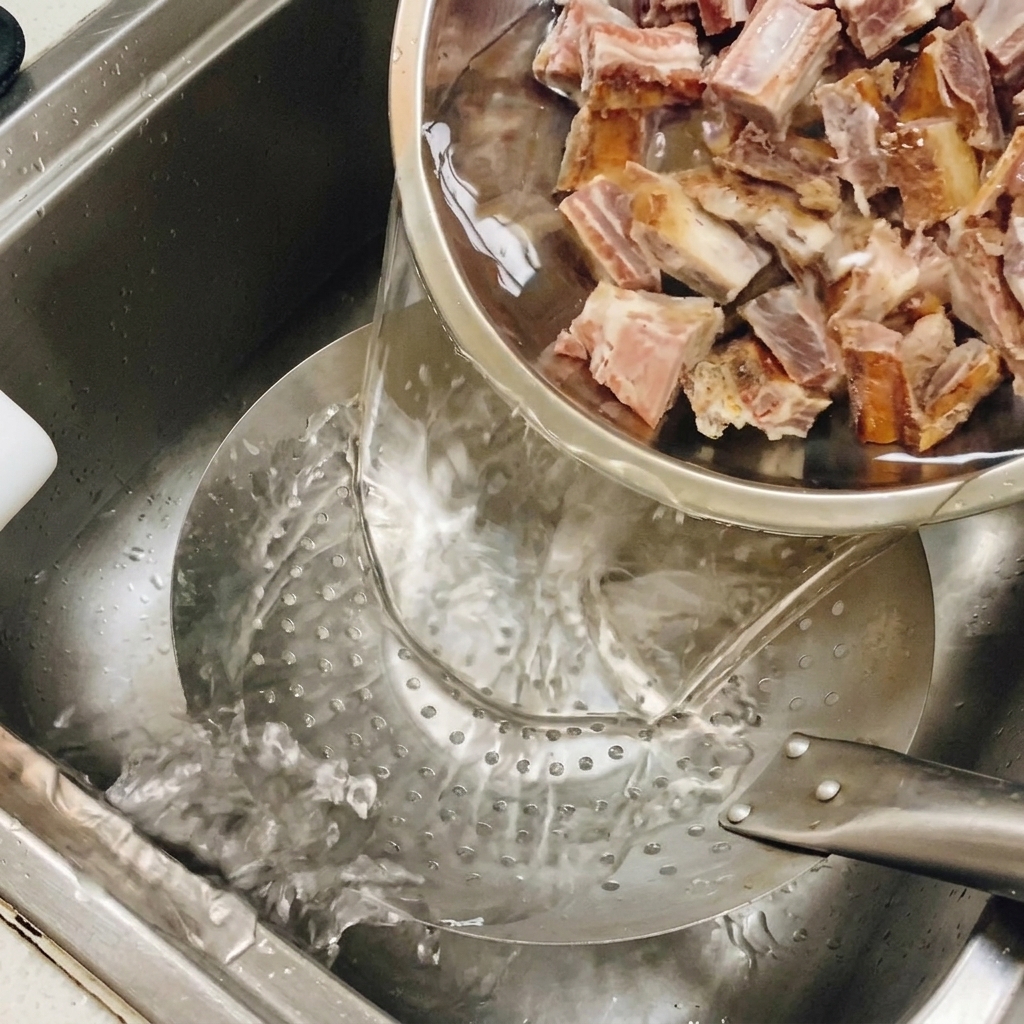 Soaked cured pork ribs being poured from a stainless steel bowl into a metal colander in a sink to drain.