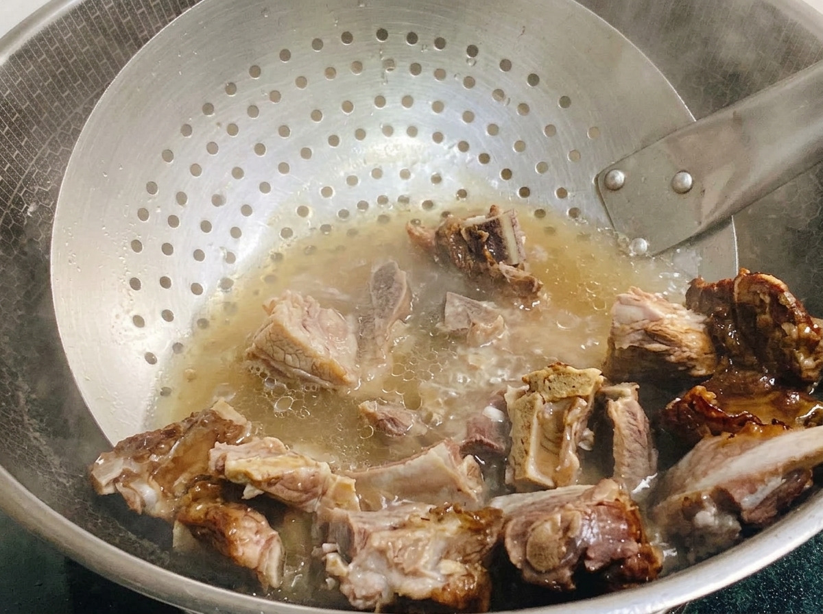 Blanched chunks of cured pork ribs being scooped out of a wok of boiling water with a metal skimmer.