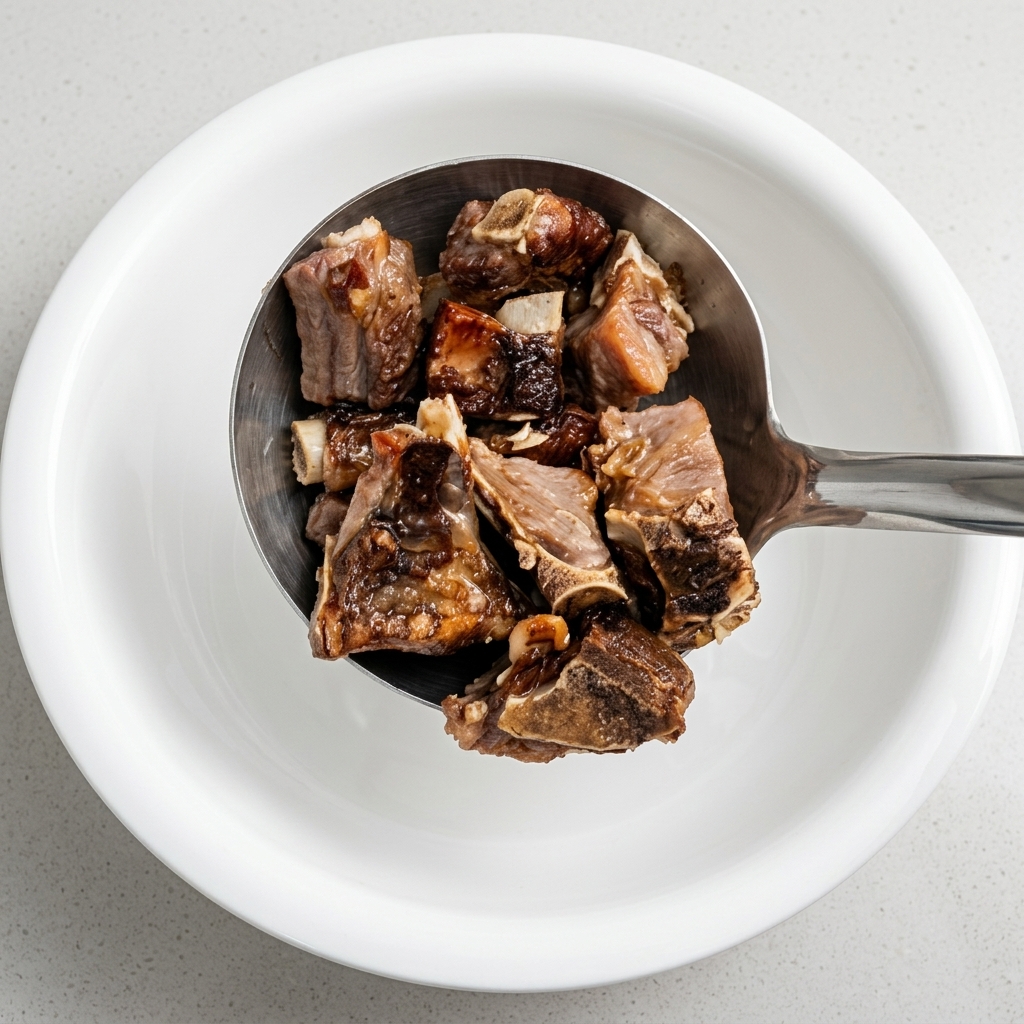 Stir-fried chunks of cured pork ribs piled on a metal ladle, being placed into an empty white ceramic bowl.
