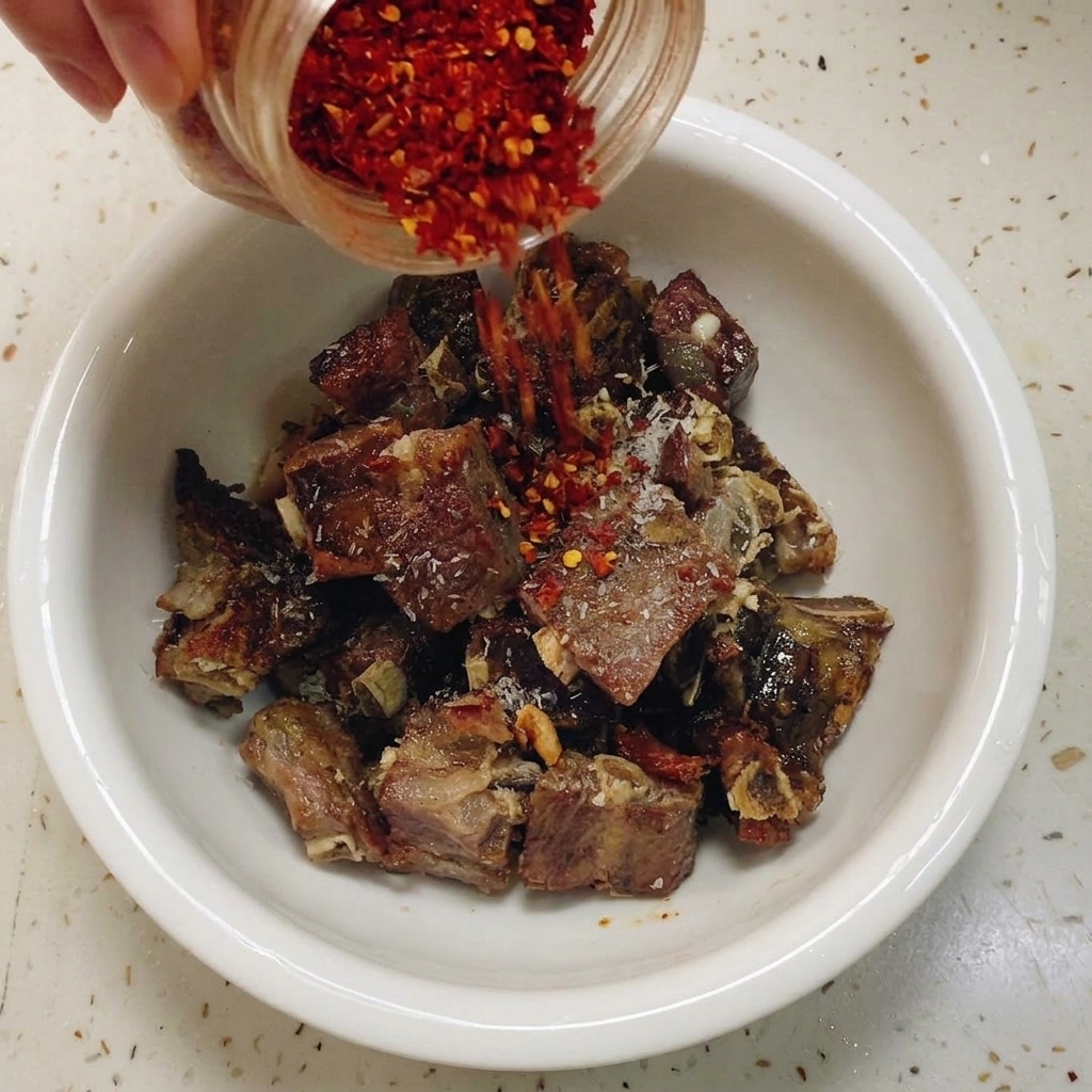 Red dried chili flakes being poured from a glass jar onto chunks of cured pork ribs in a white bowl.