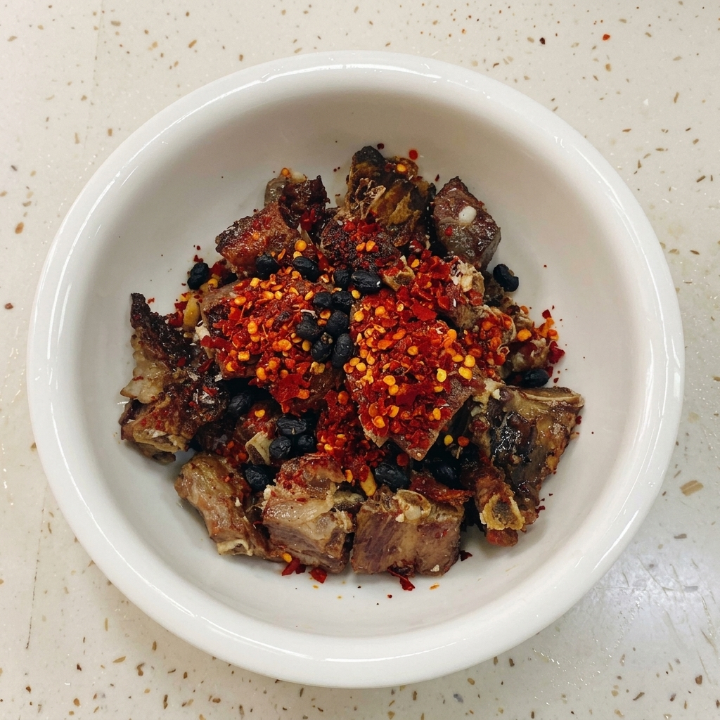 A white bowl filled with chopped cured pork ribs topped with a layer of vibrant red dried chili flakes and dark fermented black beans.
