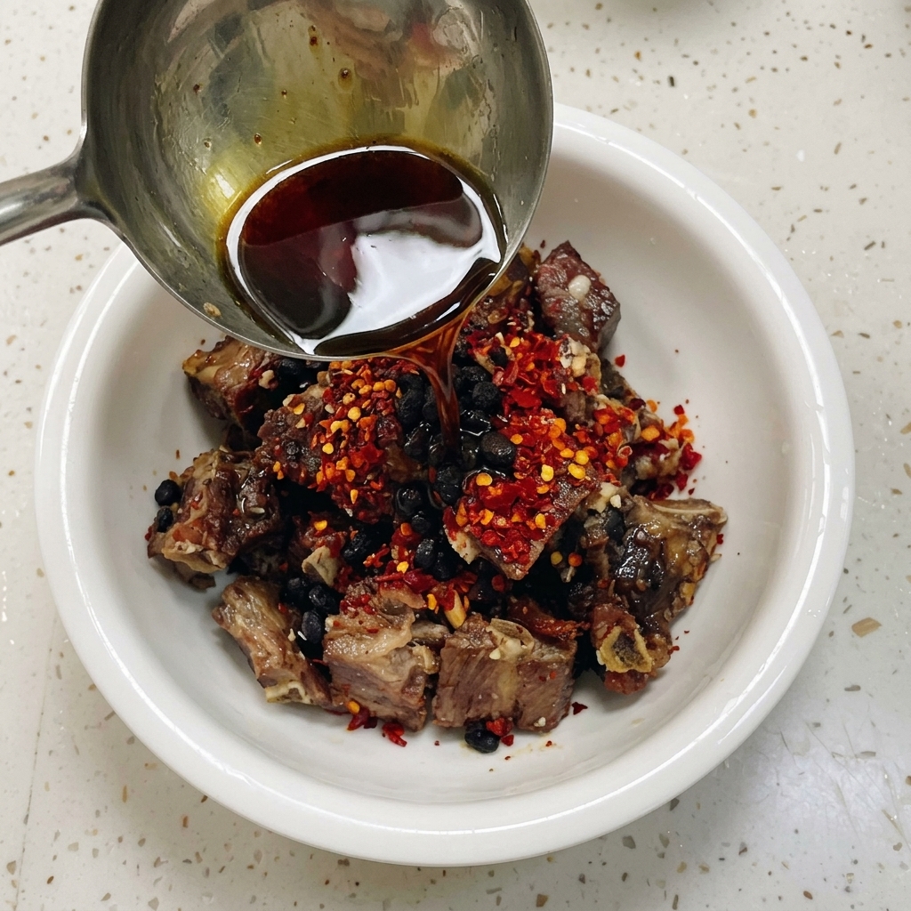 A metal ladle pouring a dark mixture of soy sauce and water over seasoned pork ribs topped with chili flakes and fermented black beans in a white bowl.