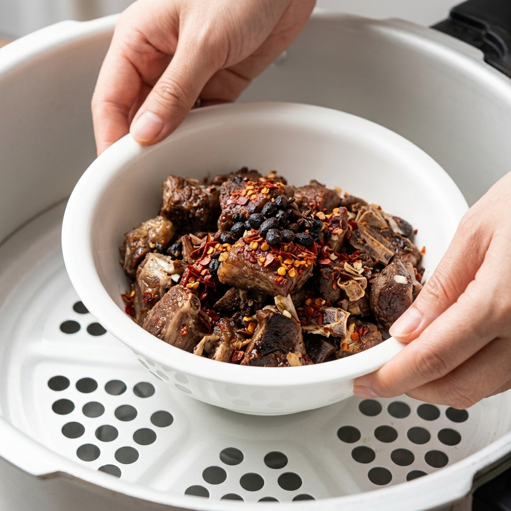 Two hands holding the edges of a white ceramic bowl filled with seasoned pork ribs, carefully lowering it onto a metal steaming plate inside a pressure cooker.