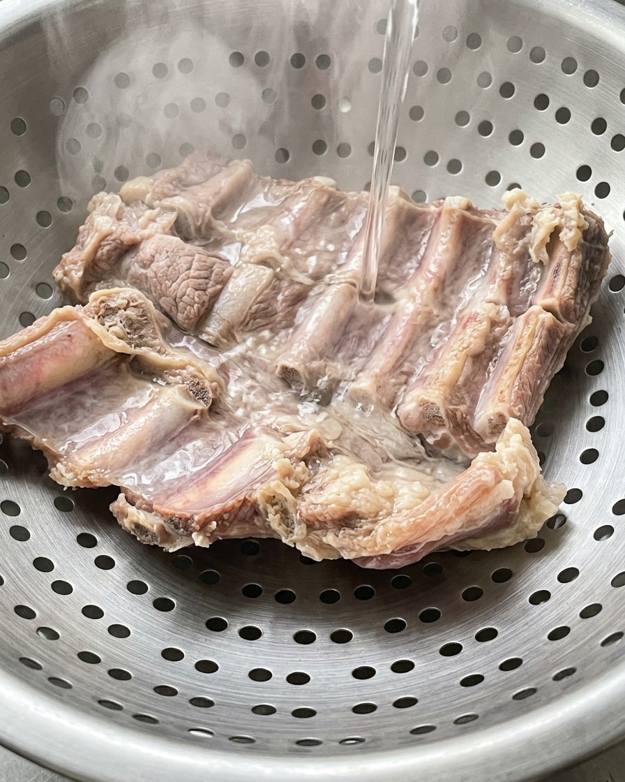 A stream of clean water being poured over steaming blanched pork ribs resting in a stainless steel colander.