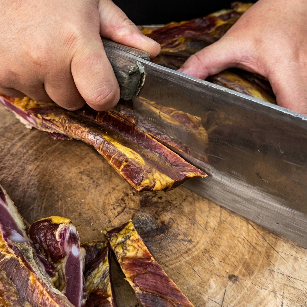 Close-up of hands using a heavy metal cleaver to chop a slab of cured pork ribs into smaller pieces on a wooden cutting board.