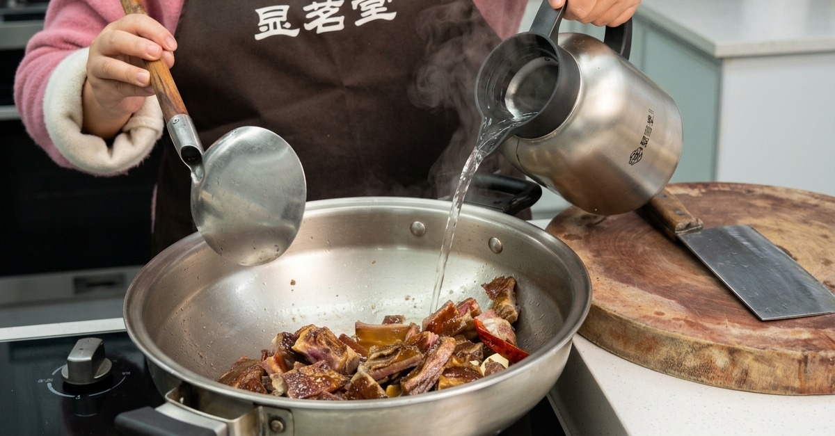 Hot boiling water being poured from a stainless steel thermal flask into a wok filled with cured pork ribs and aromatic spices.