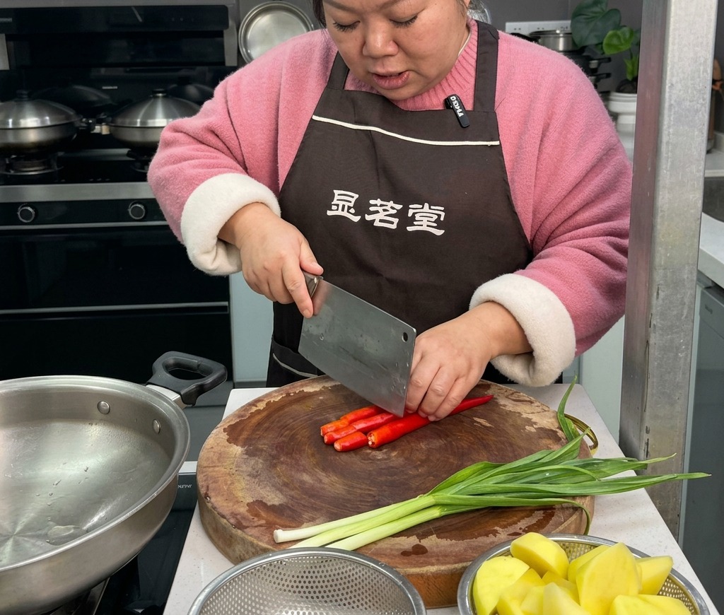 A woman slicing bright red chili peppers on a wooden chopping board with fresh green garlic sprouts resting nearby.