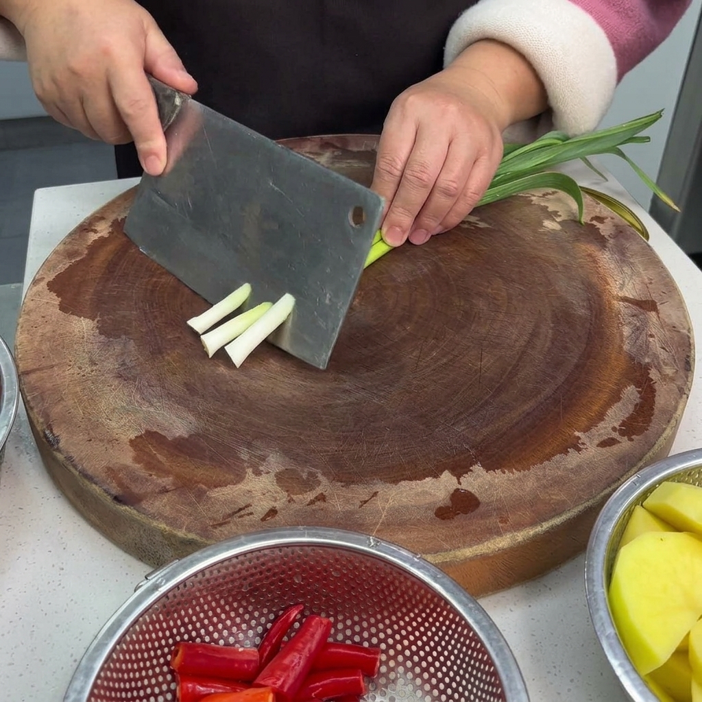 Close-up of hands using a kitchen knife to slice green garlic sprouts on a round wooden cutting board, with sliced red chilies and potatoes visible in bowls.