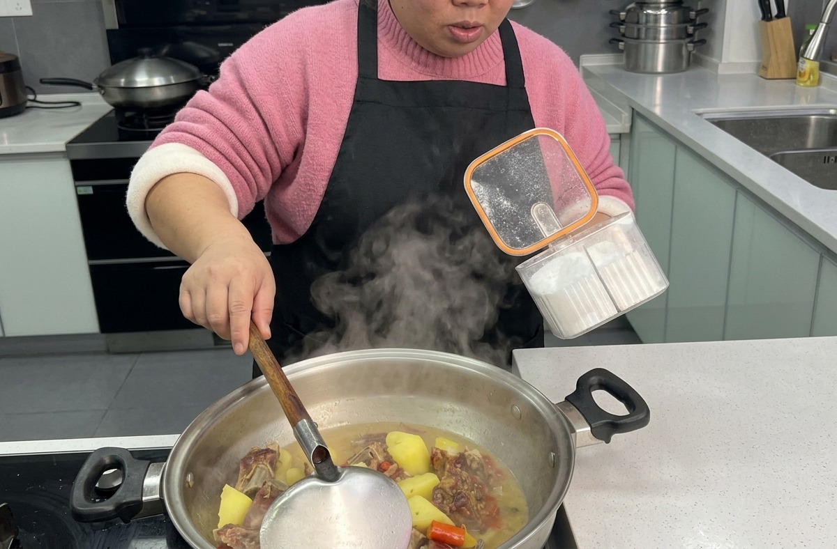 A woman adding a scoop of seasoning from a clear container into a simmering wok filled with pork ribs and potatoes, using a large ladle to stir.