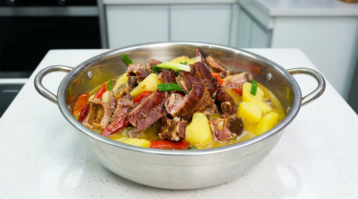 A stainless steel bowl filled with a rich cured pork rib and potato stew, beautifully garnished with fresh green garlic sprouts and red chilies.