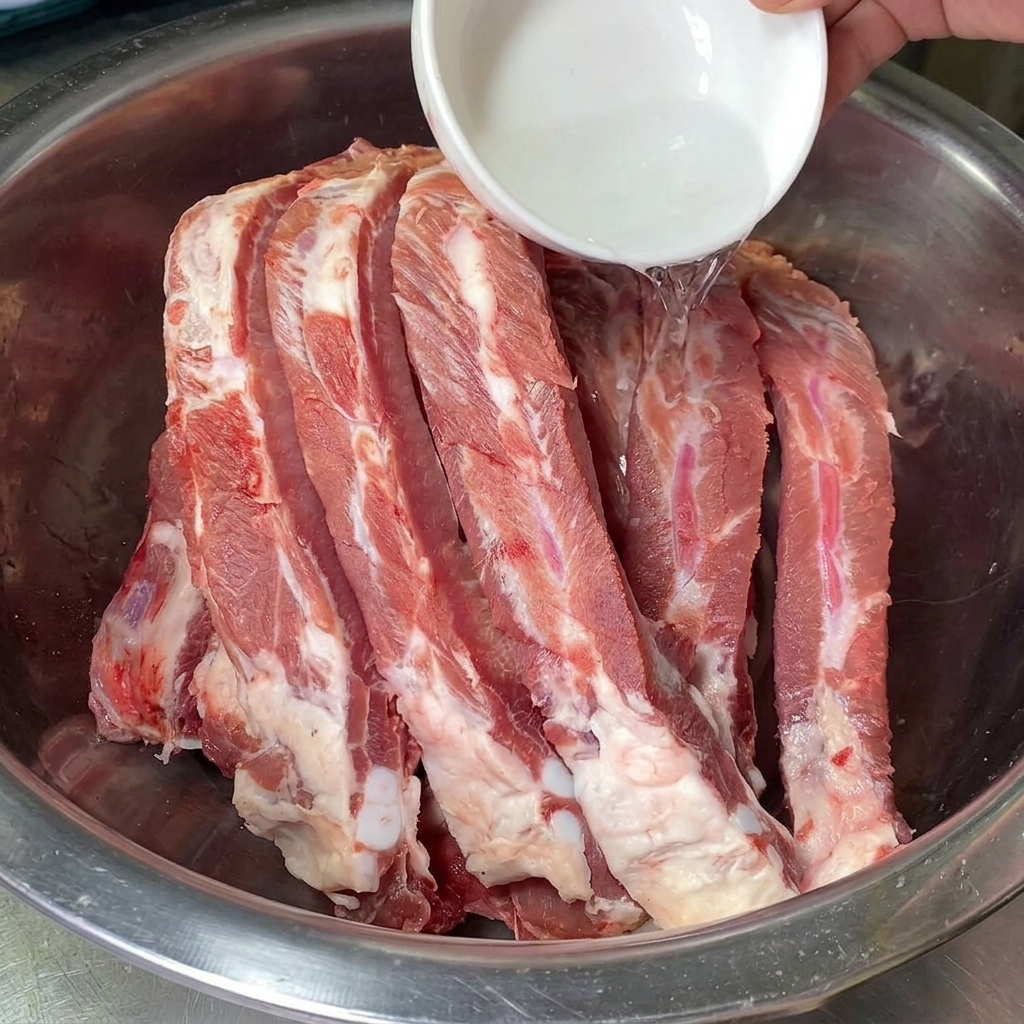 Clear high-proof white liquor being poured from a small white bowl over raw pork ribs in a metal basin.