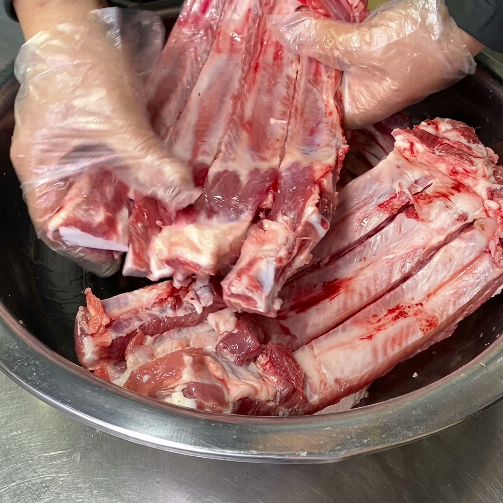 A pair of gloved hands rubbing and massaging clear liquor into raw pork ribs inside a stainless steel bowl.