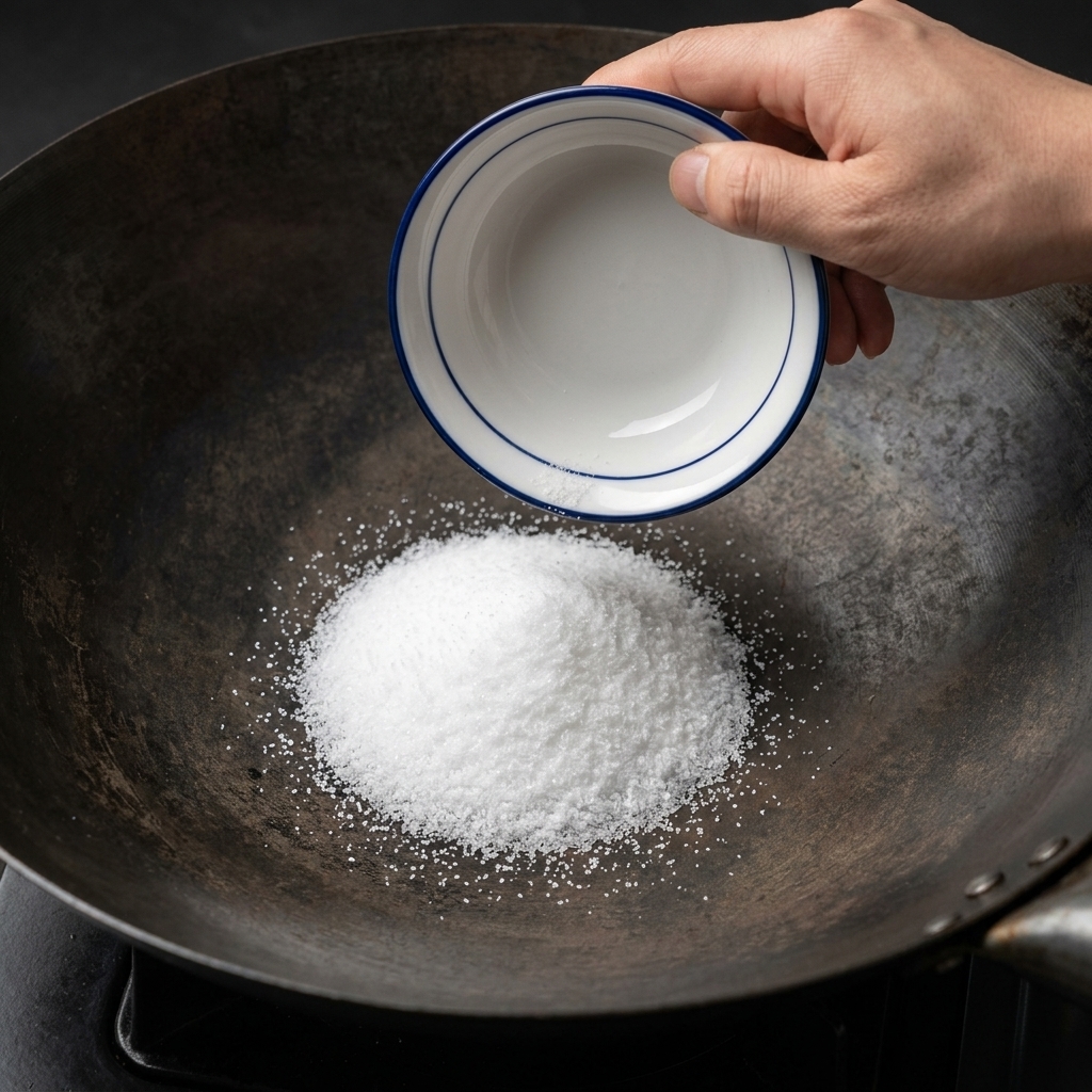 A small bowl pouring a mound of white cooking salt into a seasoned black wok.