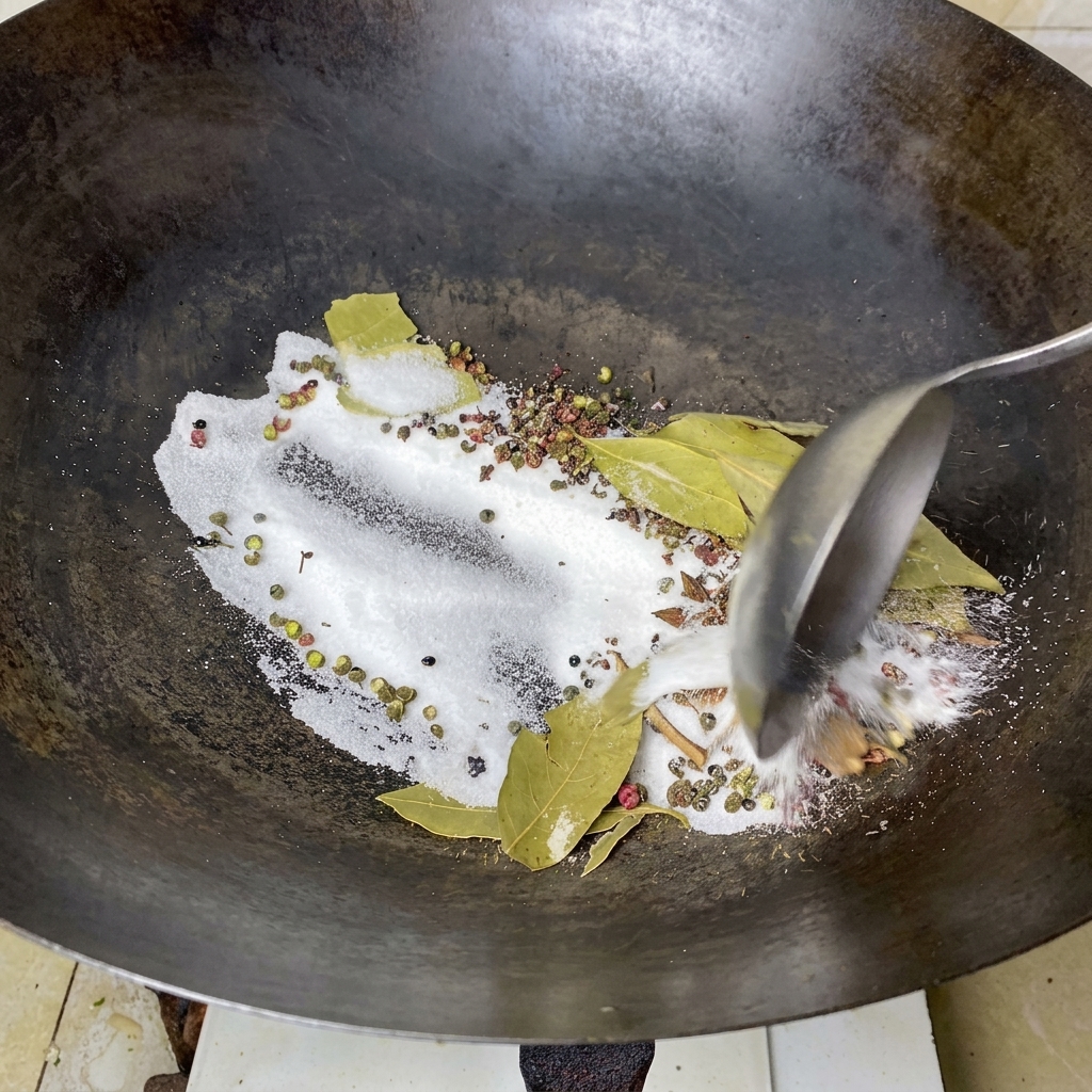 A metal ladle tossing a mixture of coarse white salt, green Sichuan peppercorns, and bay leaves inside a dark wok.