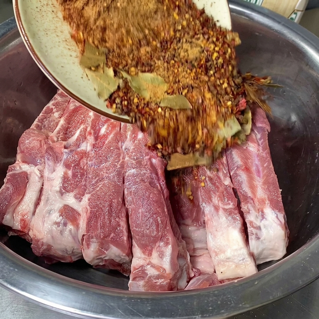 A dish pouring a cooled, reddish-brown spice and salt mixture onto raw pork ribs in a metal basin.