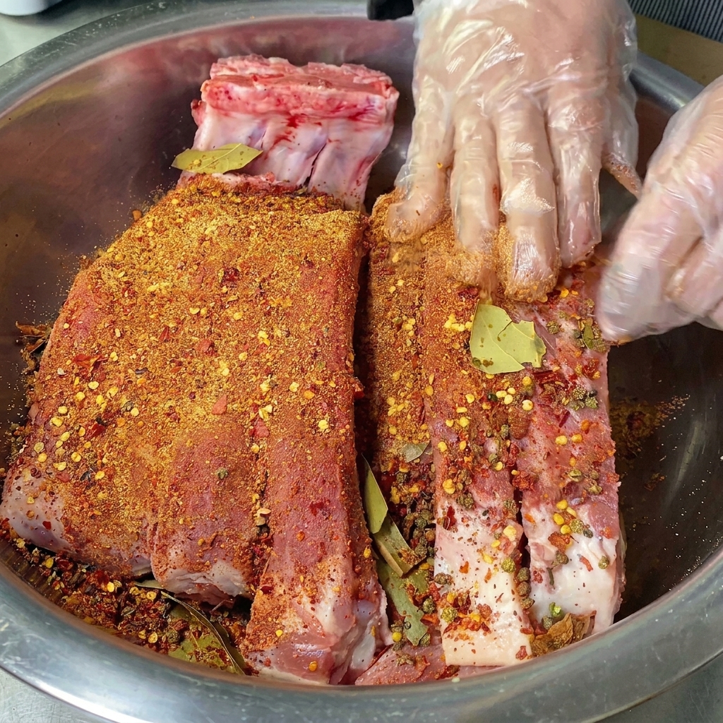 Gloved hands firmly rubbing a vibrant red spice and salt mixture over long racks of pork ribs in a bowl.