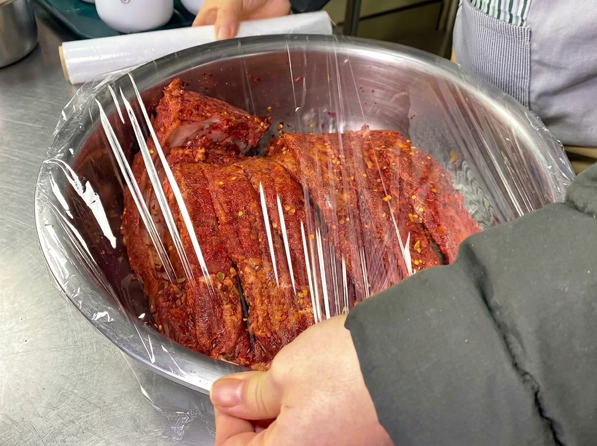 Clear plastic wrap being pulled from a roll to seal a stainless steel basin containing spiced pork ribs.