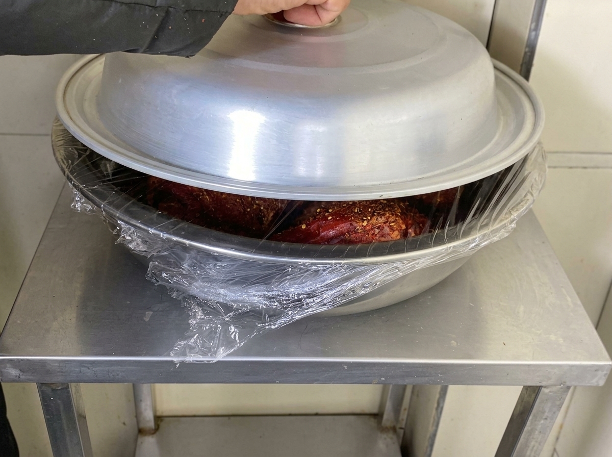 A large stainless steel bowl filled with deeply seasoned red pork ribs wrapped in clear plastic film, with a hand placing a large silver metal lid over it.
