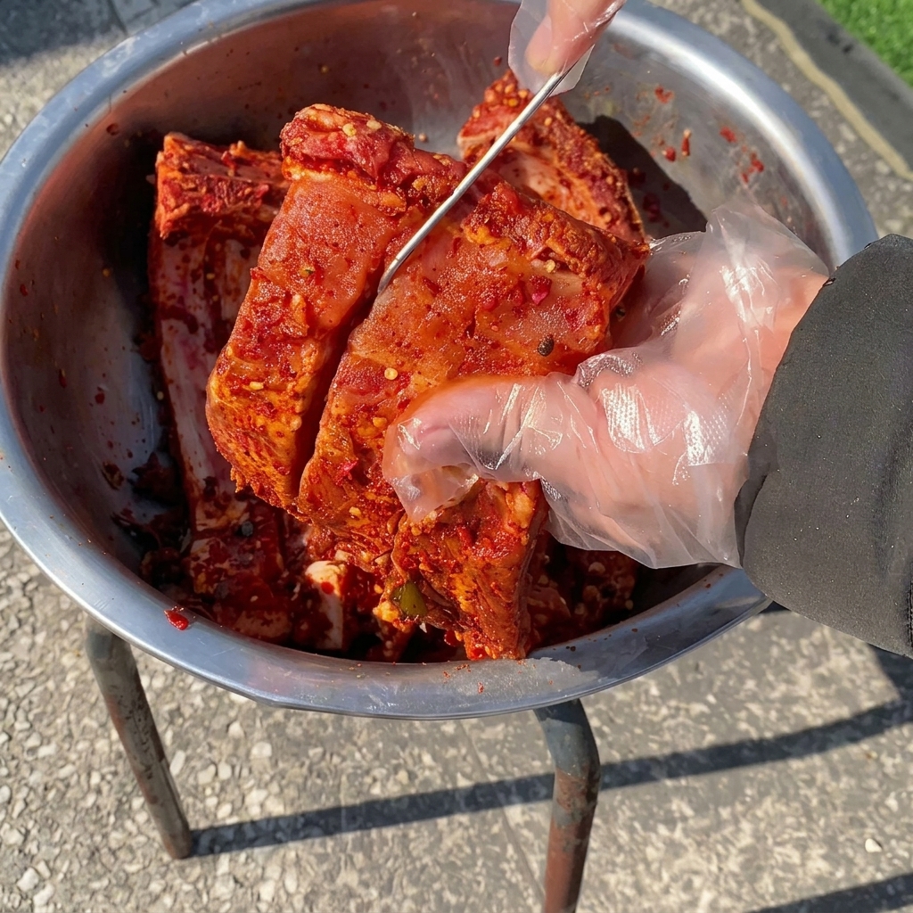 A close-up of a gloved hand threading a stainless steel S-hook through a thick slab of vibrant red, spice-coated pork ribs over a metal basin.